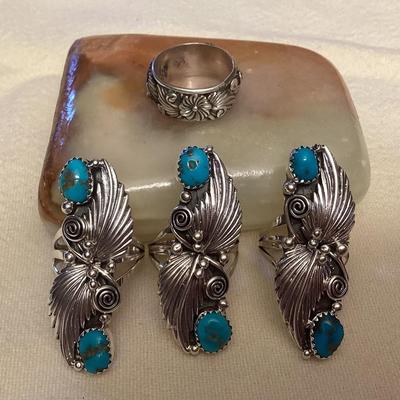 NSJ073 Four Navajo Sterling Silver & Turquoise Rings Size 6.5