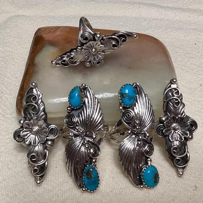 NSJ087 Five Navajo Sterling Silver & Turquoise Rings Size 7