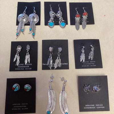 NSJ355 Nine Pairs Of Navajo Sterling Turquoise, Coral & Mother Of Pearl Earrings New