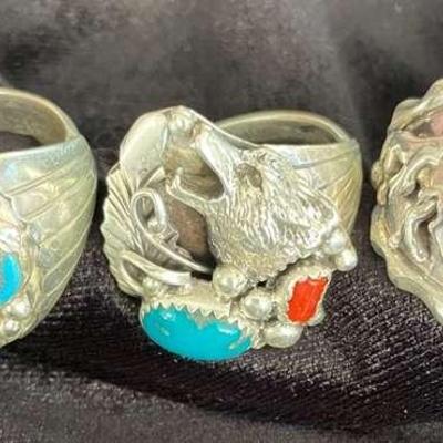 NSJ236 - Three Men’s Navajo Sterling Silver Rings With Turquoise Sz  11.5-12