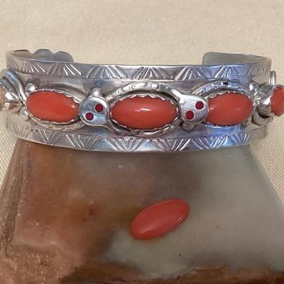 NSJ427 Navajo Sterling Silver & Coral Snake Cuff Bracelet New As Is