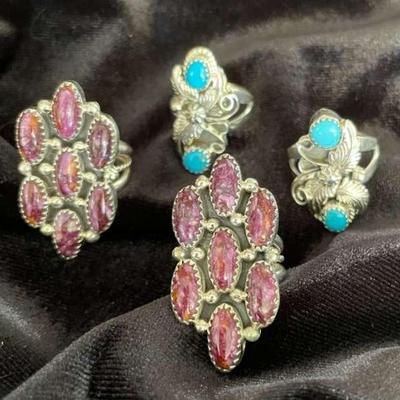 NSJ133 - Four Navajo Sterling Silver Rings Sz 7 With Turquoise & Purple Spiny Oyster Stones 