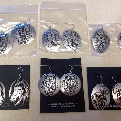 NSJ377 Six Pairs Of Large Navajo Sterling Silver Earrings With Etched Designs New