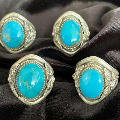 NSJ179 - Four Men’s Navajo Sterling Silver Turquoise Rings  Sz 10.5-11