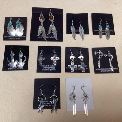 NSJ348 Ten Pairs Of Navajo Sterling & Turquoise Earrings New