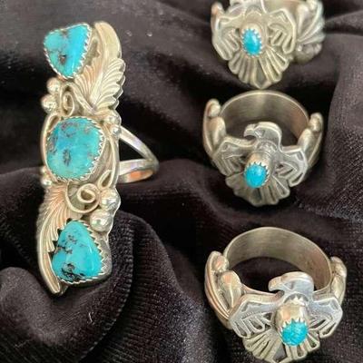 NSJ287 - Four Navajo Sterling Silver Rings With Turquoise Sz 7-7.5
