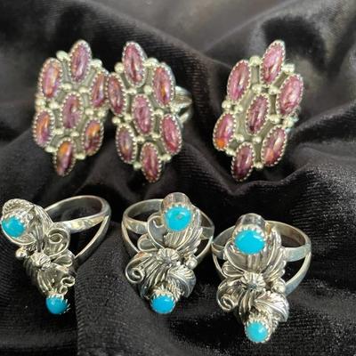 NSJ126 - Six Navajo Sterling Silver Rings Sz 8.5 In Turquoise & Purple Spiny Oyster