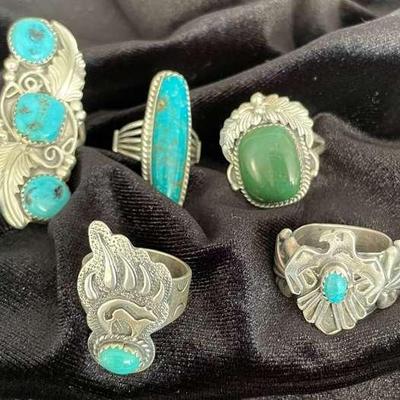 NSJ283 - Five Navajo Sterling Silver Rings With Turquoise Sz 7.5-7.75