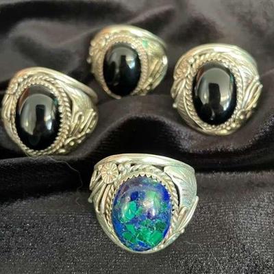 NSJ135 - Four Men’s Navajo Sterling Silver Rings Sz 13 With Azurite Malachite & Black Onyx