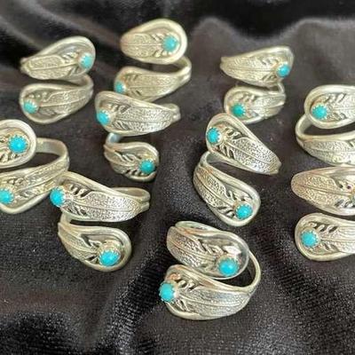 NSJ150 - Ten Navajo Sterling Silver Feather Wrap Rings With Turquoise Sz 7-10