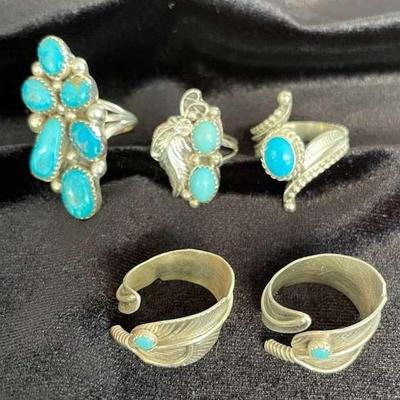 NSJ157 - Five Navajo Sterling Silver Turquoise Rings Sz 8-9