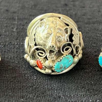 NSJ201- (3) Najavo Sterling Silver Rings Sz 12.5-13 With Turquoise/Gemstones