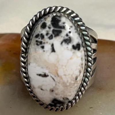 NSJ021 Navajo White Buffalo Turquoise Sterling Silver Ring Size 13.5