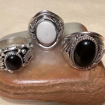 NSJ326 Three Navajo Sterling Howlite & Black Onyx Rings Size 14 New