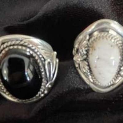 NSJ134 - Two Men’s Navajo Sterling Silver Rings Sz 13 With Black Onyx & White Buffalo Turquoise 