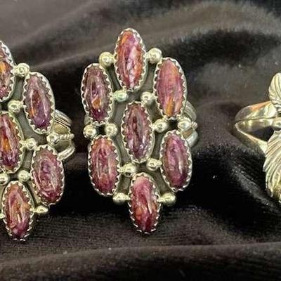 NSJ127 - Five Navajo Sterling Silver Rings Sz 8.5 With Turquoise & Purple Spiny Oyster 