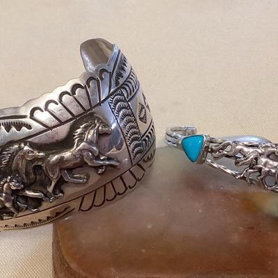NSJ475 Two Navajo Sterling Silver & Turquoise Running Horses Cuff Bracelets New