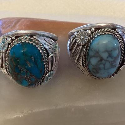NSJ059 Two Navajo Turquoise Sterling Silver Rings Size 14