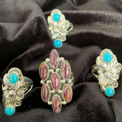 NSJ131 - Four Navajo Sterling Silver Rings Sz 6 With Turquoise & Purple Spiny Oyster Stones 