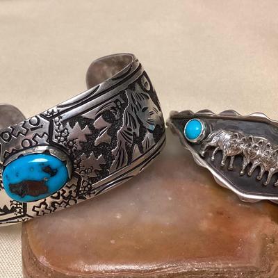 NSJ442 Two Navajo Sterling Silver Turquoise Horse & Wolf Cuff Bracelets New