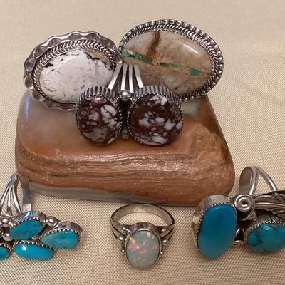 NSJ341 Six Navajo Sterling Silver Turquoise & Opal Rings Size 8 New