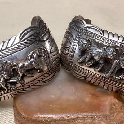 NSJ440 Two Large Navajo Sterling Silver Horse & Wolf Cuff Bracelets New