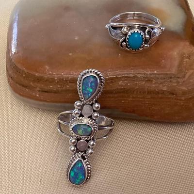 NSJ330 Two Navajo Sterling Opal & Turquoise Rings Size 5.5 New
