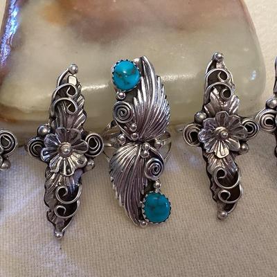 NSJ069 Five Navajo Sterling Silver & Turquoise Rings Size 6