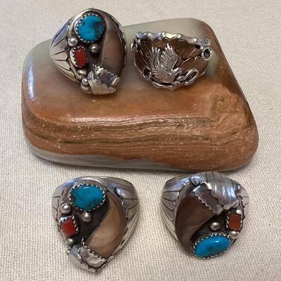NSJ303 Four Navajo Sterling Silver Turquoise, Coral & Bone? Rings Size 11.5 New