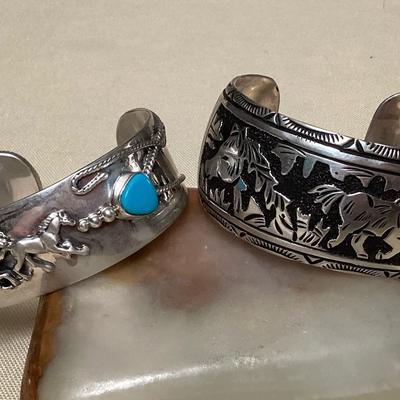 NSJ453 Two Navajo Sterling Silver & Turquoise Horse Cuff Bracelets New