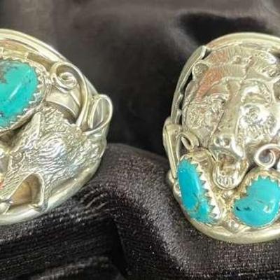 NSJ235 - Two Men’s Navajo Sterling Silver Rings With Turquoise Sz 12
