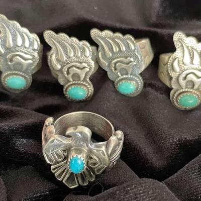 NSJ284 - Five Navajo Sterling Silver Rings With Turquoise Sz 6.5