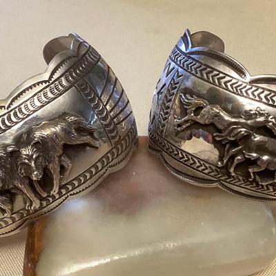 NSJ430 Two Large Navajo Sterling Silver Horse & Wolf Cuff Bracelets New