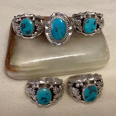 NSJ088 Five Navajo Sterling Silver & Turquoise Rings Size 9