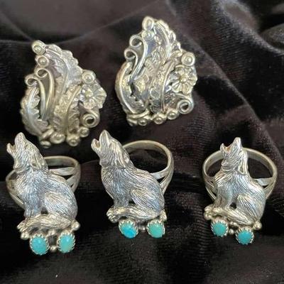NSJ257 - Five Navajo Sterling Silver Rings With Turquoise Sz 7-7.5