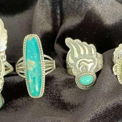 NSJ277 - Four Navajo Sterling Silver Rings With Turquoise Sz 8.5