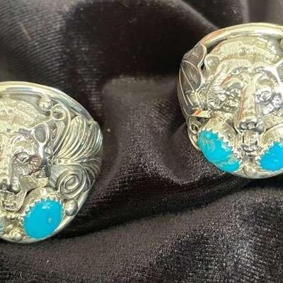 NSJ213 - Two Mens Navajo Sterling Silver Turquoise Rings Sz 14.75-15