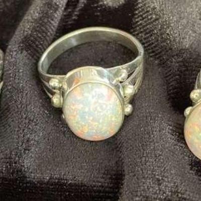 NSJ123 - Three Navajo Sterling Silver Opal Rings Sz 8
