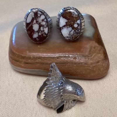 NSJ313 Three Navajo Sterling Wild Horse Turquoise & Onyx Rings Size 10 New