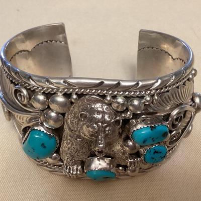 NSJ397 Large Navajo Sterling Silver & Turquoise Bear Cuff Bracelet New