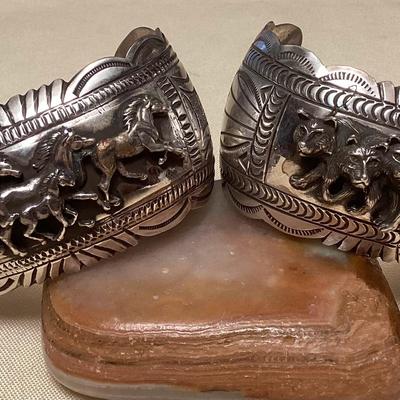NSJ433 Two Large Navajo Sterling Silver Horse & Wolf Cuff Bracelets New