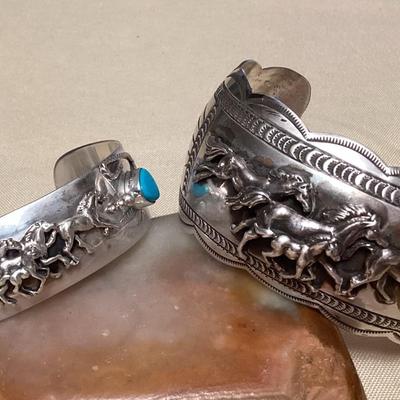NSJ454 Two Navajo Sterling Silver & Turquoise Horse Cuff Bracelets New