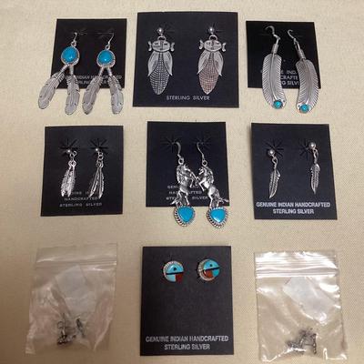 NSJ350 Nine Pairs Of Navajo Sterling & Turquoise Earrings New