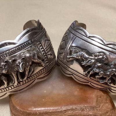 NSJ435 Two Large Navajo Sterling Silver Horse & Wolf Cuff Bracelets New