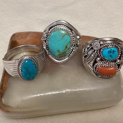 NSJ094 Three Navajo Sterling Silver Turquoise & Coral Rings Size 12