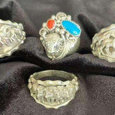 NSJ237 - Four Men’s Navajo Sterling Silver Rings Sz 13.25-13.75