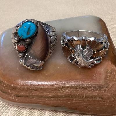 NSJ317 Two Navajo Sterling Copper?, Turquoise & Coral Rings Size 12 New