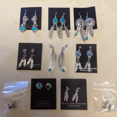NSJ370 Ten Pairs Of Navajo Sterling Turquoise, Pink Opal & Coral Earrings New