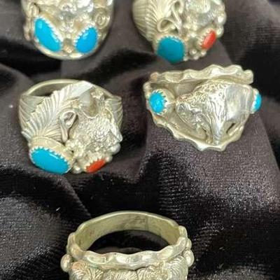 NSJ252 - Five Men’s Navajo Sterling Silver Rings With Turquoise Sz 11-11.75