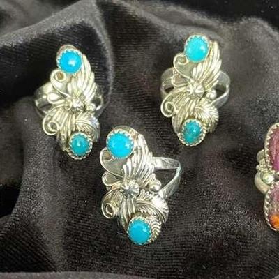 NSJ132 - Five Navajo Sterling Silver Rings Sz 6 With Turquoise & Purple Spiny Oyster Stones 